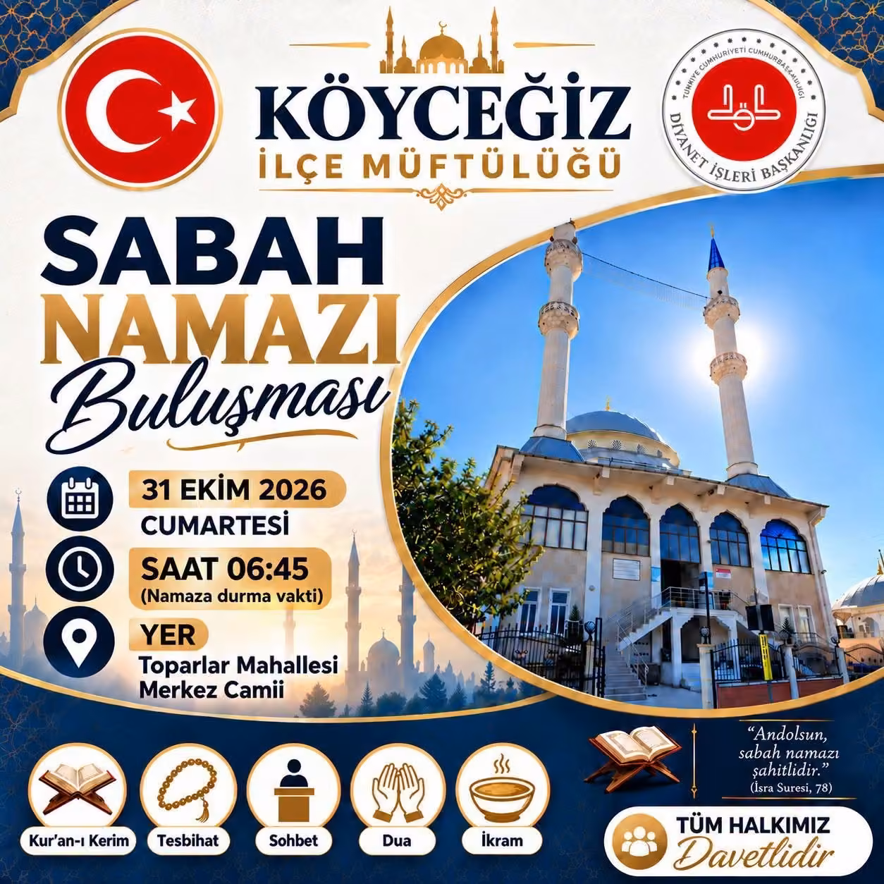 Köyceğiz’de sabah namazı buluşmaları Toparlar Merkez Camii’nde başlıyor