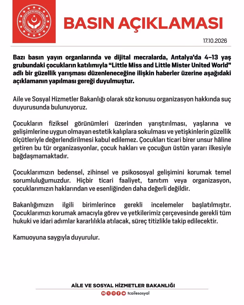 ‘Little Miss and Little Mister United World’ adlı yarışmaya Aile ve Sosyal Hizmetler Bakanlığından suç duyurusu