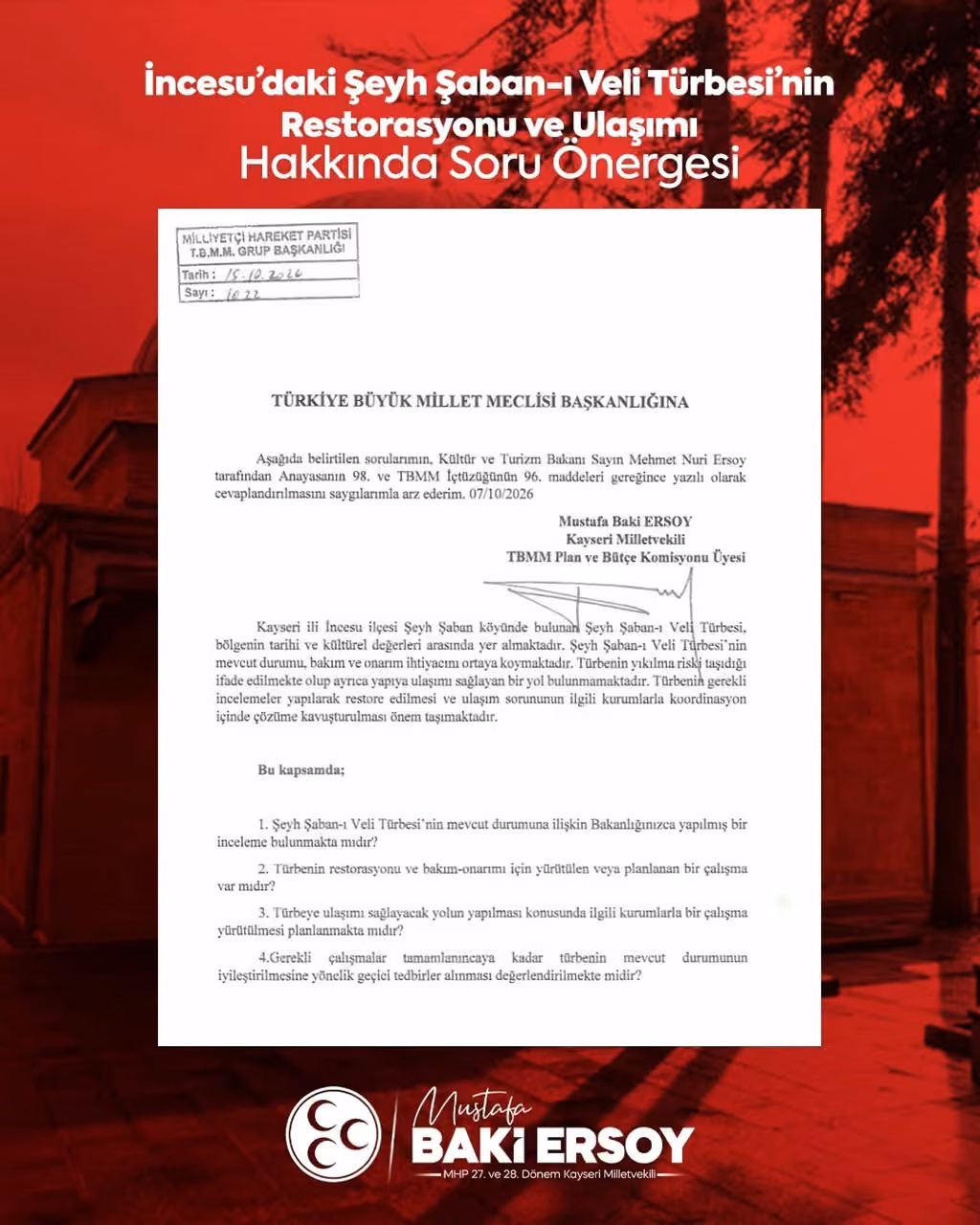Baki Ersoy’dan İncesu Şeyh Şaban-ı Veli Türbesi için soru önergesi