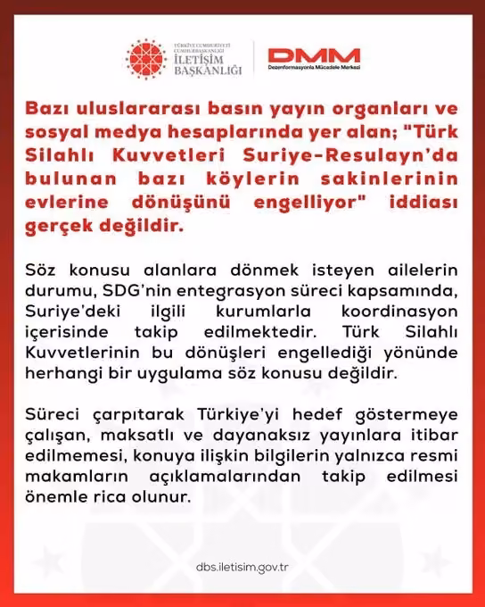 DMM’den, "Türk Silahlı Kuvvetleri Suriye’de bazı köy sakinlerinin evlerine dönüşünü engelliyor" iddialarına yalanlama