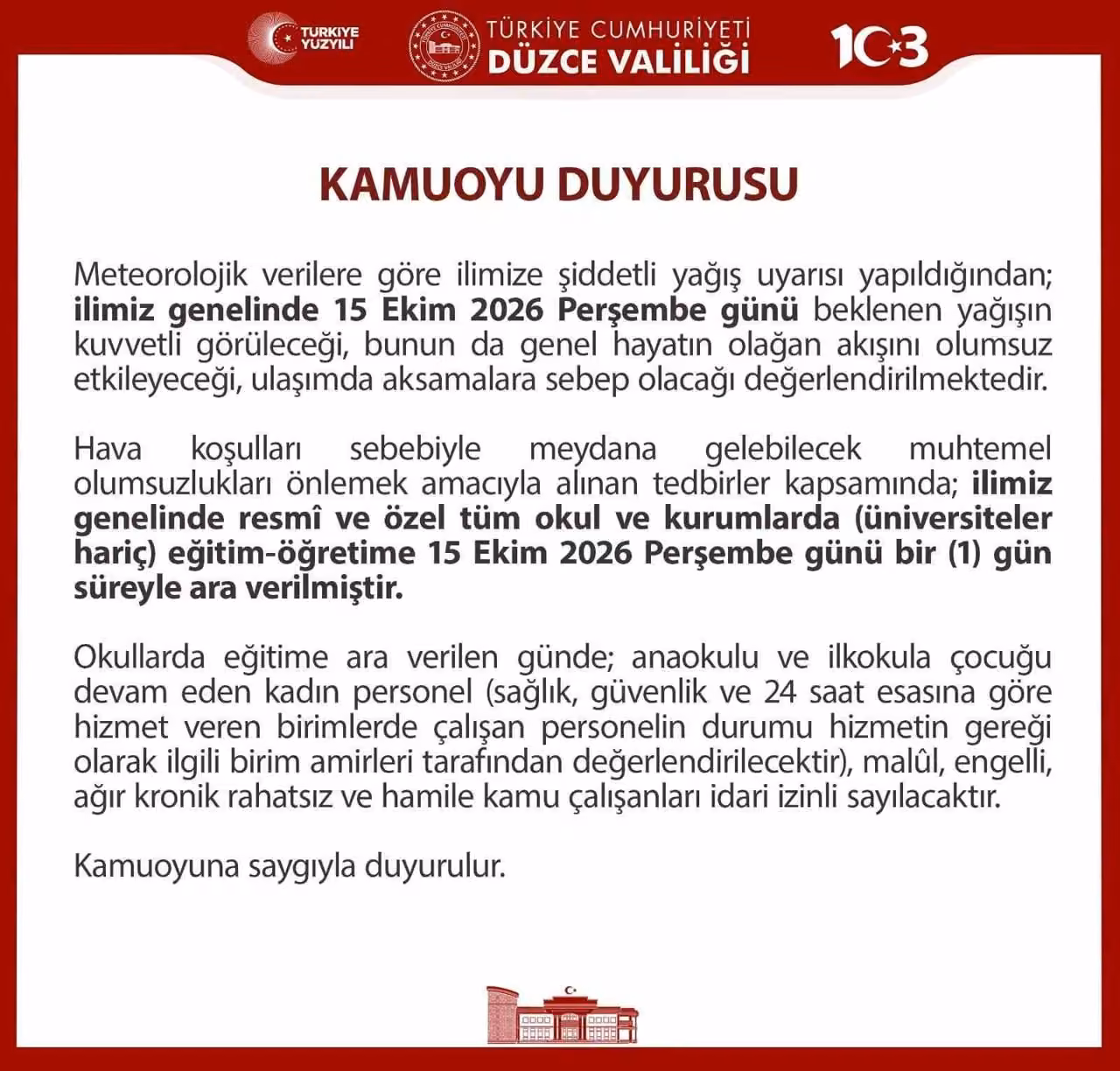 Düzce’de eğitime sağanak yağış engeli