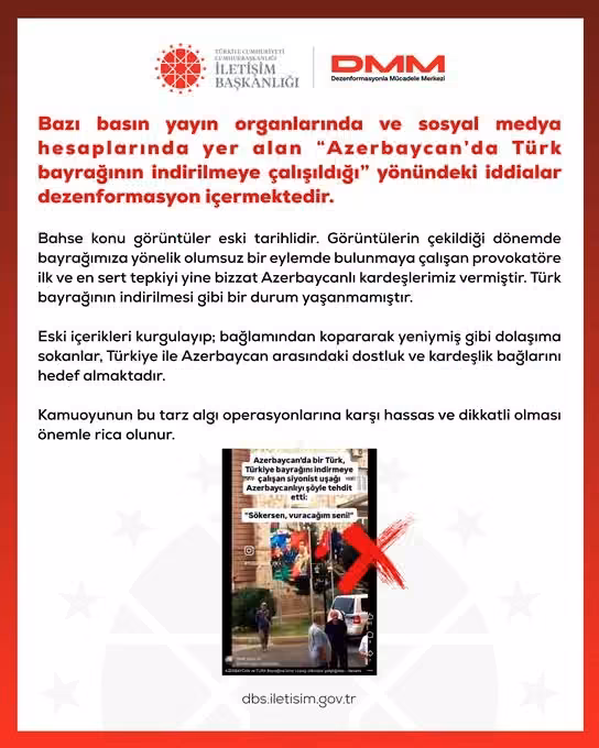 DMM’den, "Azerbaycan’da Türk bayrağının indirilmeye çalışıldığı" iddialarına yalanlama