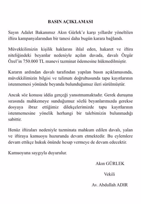 Özgür Özel, Adalet Bakanı Gürlek’e 750 bin lira manevi tazminat ödeyecek