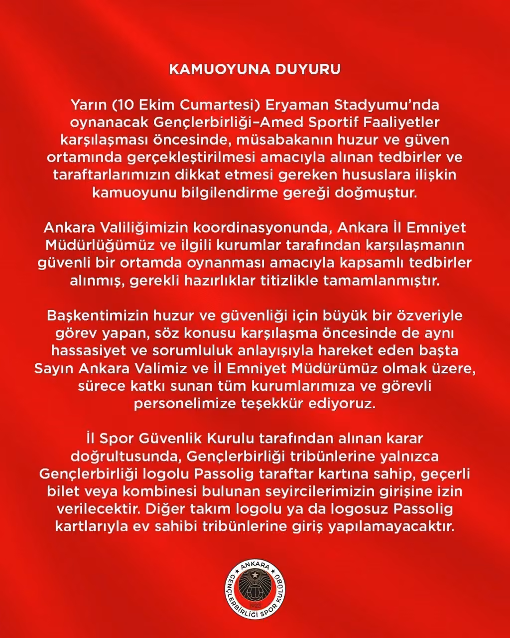 Gençlerbirliği - Amed SF maçına farklı logolu ve logosuz kartlı taraftar alınmayacak