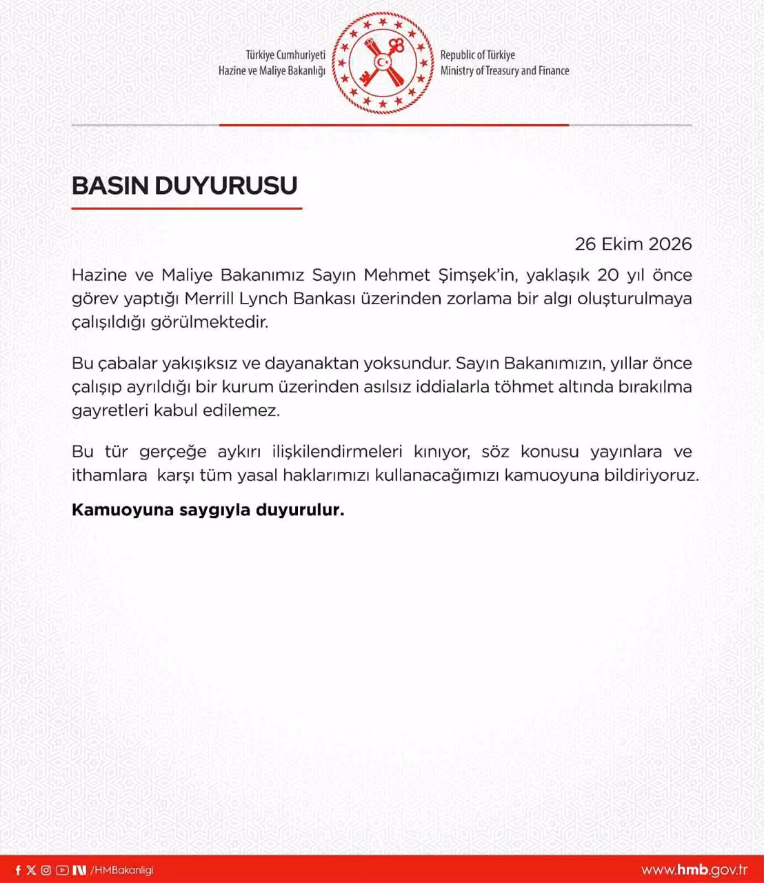 Bakan Şimşek’e yönelik iddialara ilişkin Hazine ve Maliye Bakanlığından yalanlama